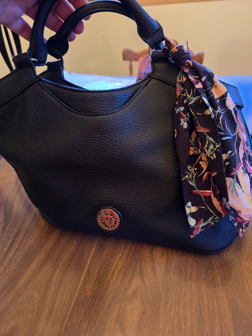 Anne Klein Black Pebbled Top-Handle Satchel with Floral Scarf Accent